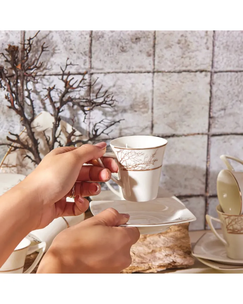 Karaca Autumn 12 Piece Porcelain Espresso Turkish Coffee Cup Set for 6 People, 85ml, Gold White