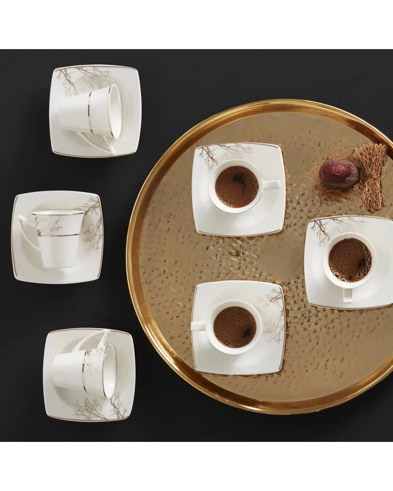 Karaca Autumn 12 Piece Porcelain Espresso Turkish Coffee Cup Set for 6 People, 85ml, Gold White