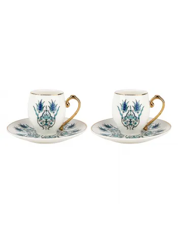 Karaca İznik 4-Piece Porcelain Espresso Turkish Coffee Cup Set for 2 People, 80ml, White Blue Karaca İznik 4-Piece Porcelain Espresso Turkish Coffee Cup Set for 2 People, 80ml, White Blue