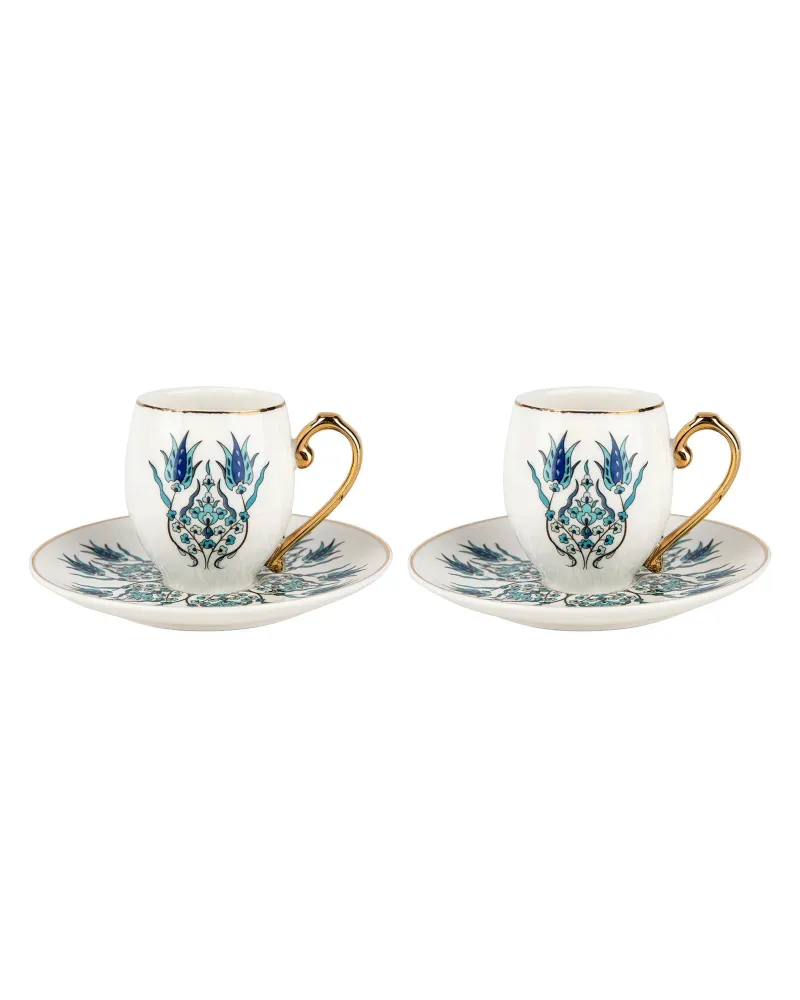 Karaca İznik 4-Piece Porcelain Espresso Turkish Coffee Cup Set for 2 People, 80ml, White Blue Karaca İznik 4-Piece Porcelain Espresso Turkish Coffee Cup Set for 2 People, 80ml, White Blue