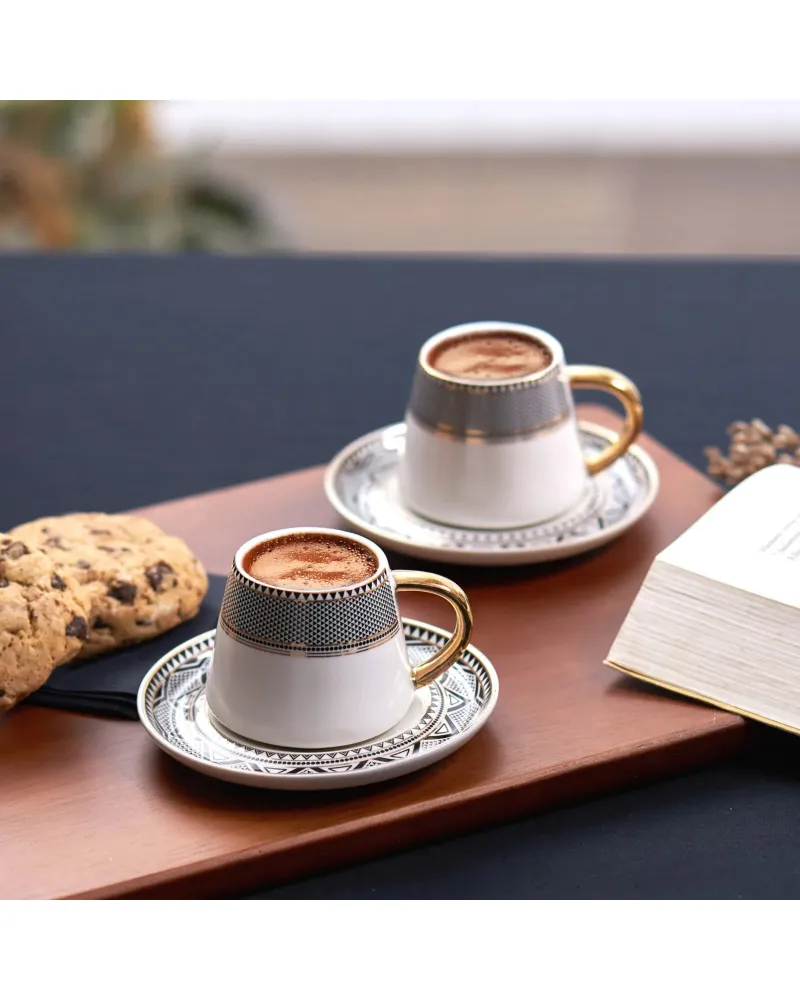 Karaca Globe 4 Piece Porcelain Espresso Turkish Coffee Cup Set for 2 People, 80ml, Multi