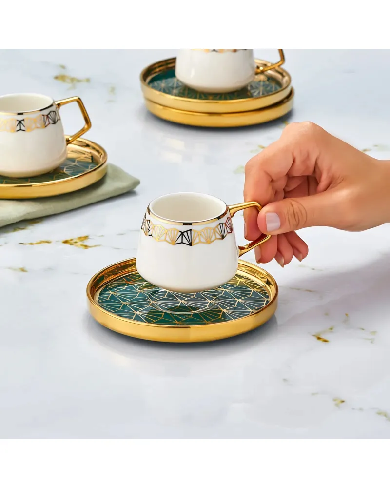 Karaca Verde 12-Piece Porcelain Espresso Turkish Coffee Cup Set for 6 People, 100ml, Multi