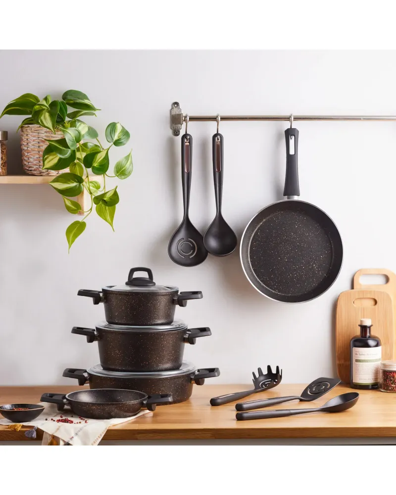Karaca Blackgold Biogranite 13-Piece Induction Cookware Set with Kitchen Utensil Set, Black Gold