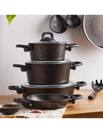 Karaca Blackgold Biogranite 13-Piece Induction Cookware Set with Kitchen Utensil Set, Black Gold