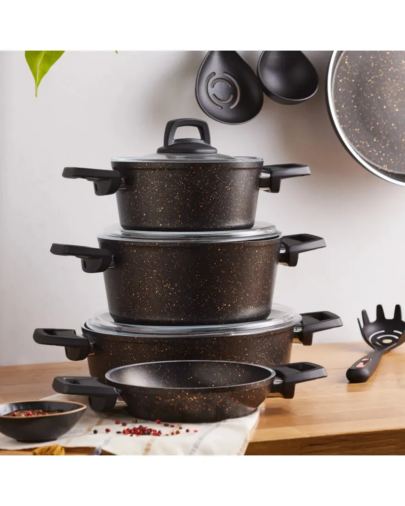 Karaca Blackgold Biogranite 13-Piece Induction Cookware Set with Kitchen Utensil Set, Black Gold
