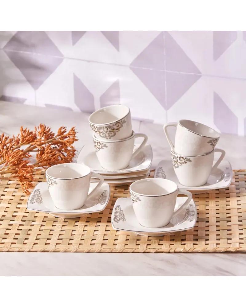 Karaca Nazende 12 Piece Porcelain Espresso Turkish Coffee Cup Set for 6 People, 80ml, White Platinum