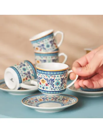 Karaca Beylerbeyi 12-Piece Porcelain Turkish Coffee Cup Set for 6 People, 80ml, White Blue Multi
