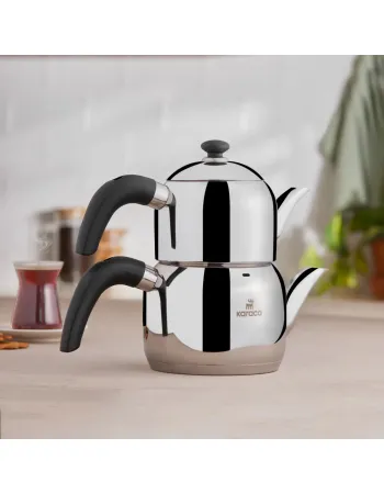 Karaca Edge Stainless Steel Induction Teapot Set, Small, Silver Black