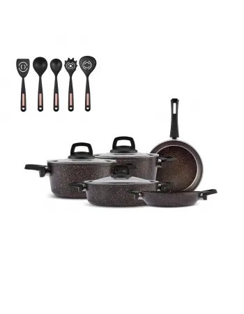 Karaca Blackgold Biogranite 13-Piece Induction Cookware Set with Kitchen Utensil Set, Black Gold