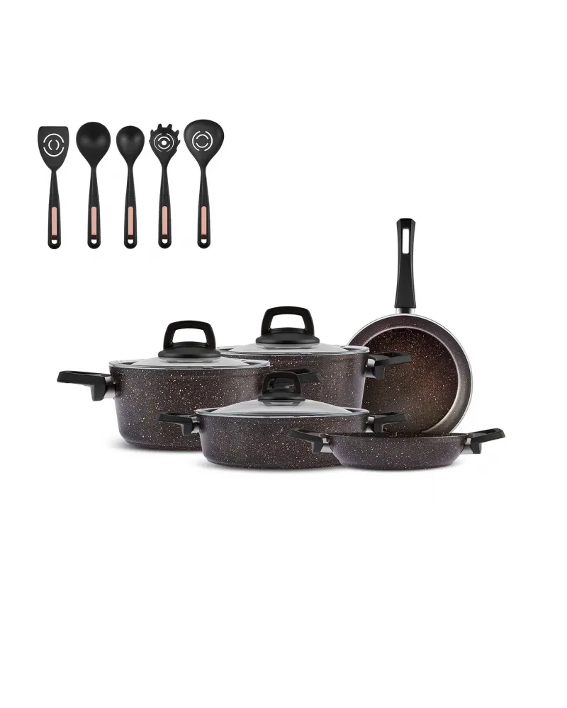 Karaca Blackgold Biogranite 13-Piece Induction Cookware Set with Kitchen Utensil Set, Black Gold