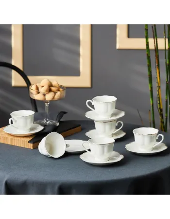 Karaca Çan 12-Piece Porcelain Espresso Turkish Coffee Cup Set for 6 People, 90ml, White Gold