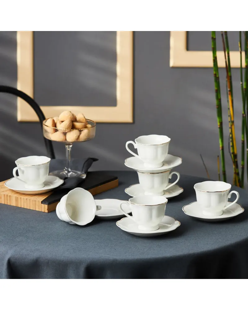 Karaca Çan 12-Piece Porcelain Espresso Turkish Coffee Cup Set for 6 People, 90ml, White Gold