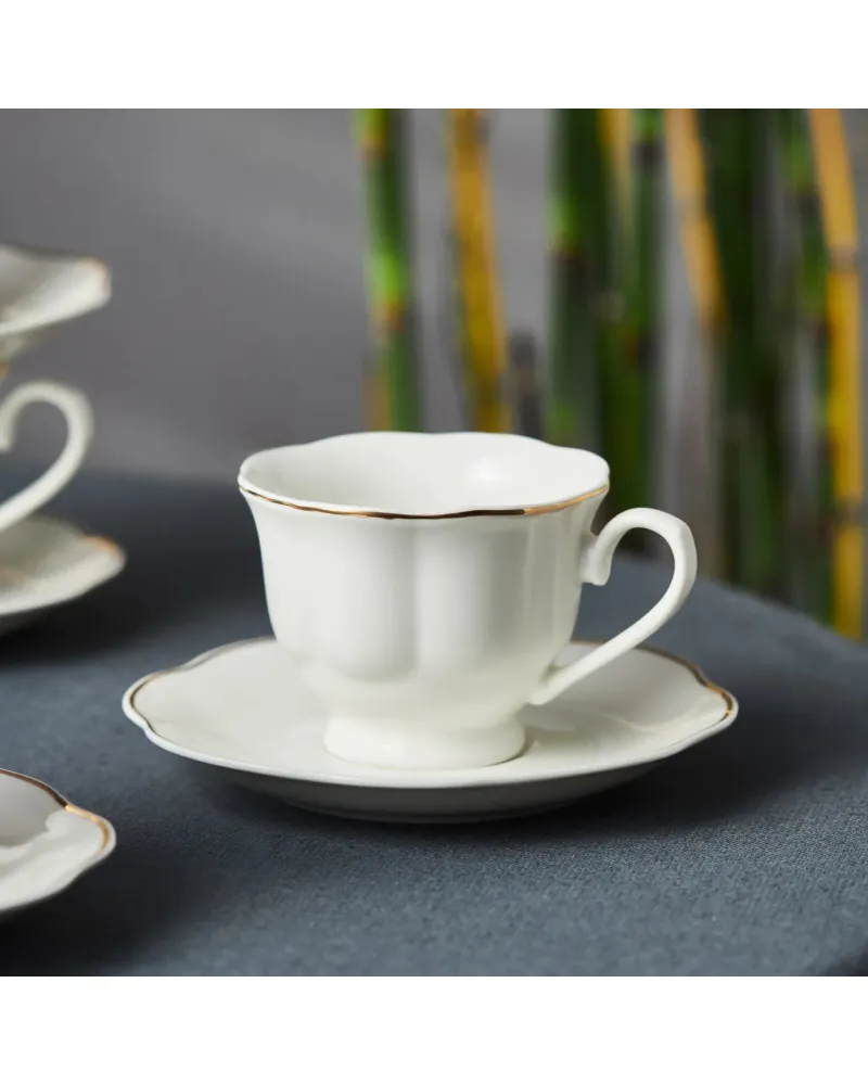 Karaca Çan 12-Piece Porcelain Espresso Turkish Coffee Cup Set for 6 People, 90ml, White Gold