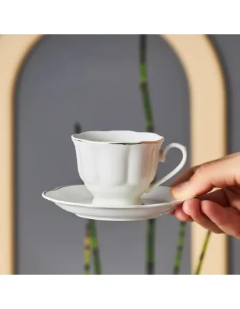 Karaca Çan 12-Piece Porcelain Espresso Turkish Coffee Cup Set for 6 People, 90ml, White Gold