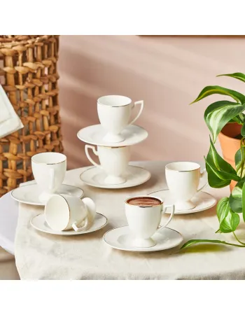 Karaca Boyoz 12-Piece Porcelain Espresso Turkish Coffee Cup Set for 6 People, 85ml, White Gold