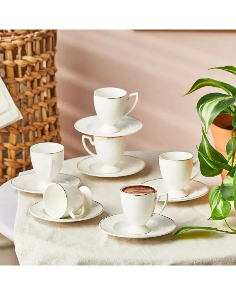 Karaca Boyoz 12-Piece Porcelain Espresso Turkish Coffee Cup Set for 6 People, 85ml, White Gold