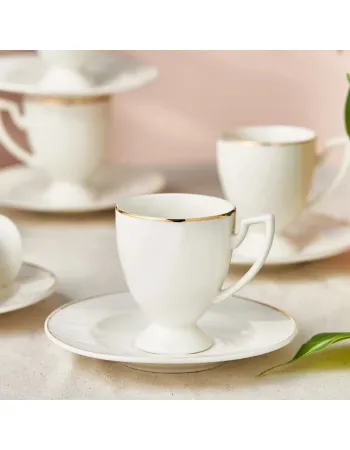Karaca Boyoz 12-Piece Porcelain Espresso Turkish Coffee Cup Set for 6 People, 85ml, White Gold