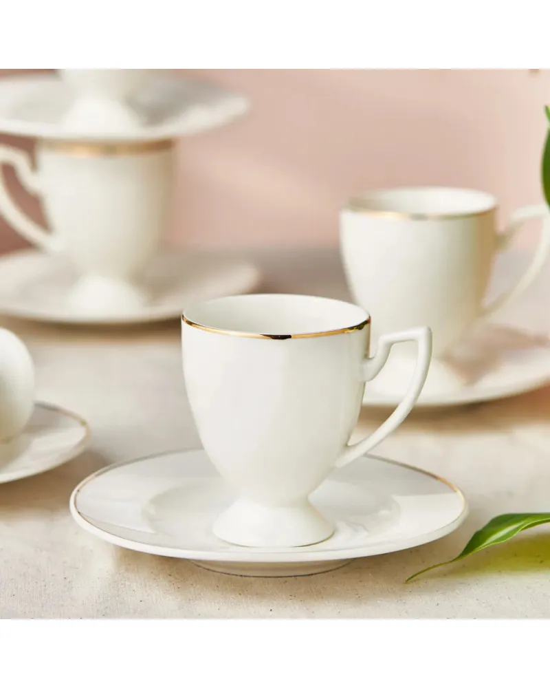 Karaca Boyoz 12-Piece Porcelain Espresso Turkish Coffee Cup Set for 6 People, 85ml, White Gold