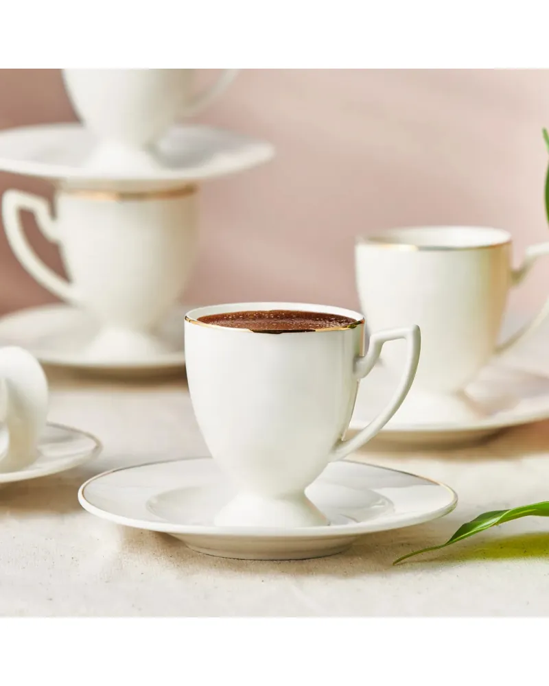 Karaca Boyoz 12-Piece Porcelain Espresso Turkish Coffee Cup Set for 6 People, 85ml, White Gold