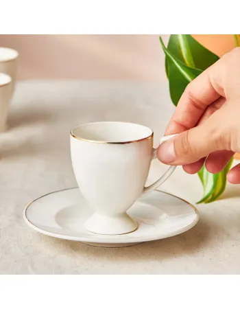 Karaca Boyoz 12-Piece Porcelain Espresso Turkish Coffee Cup Set for 6 People, 85ml, White Gold