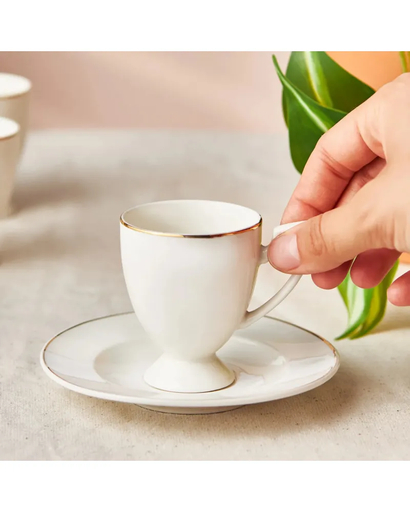 Karaca Boyoz 12-Piece Porcelain Espresso Turkish Coffee Cup Set for 6 People, 85ml, White Gold