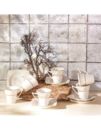 Karaca Autumn 12 Piece Porcelain Espresso Turkish Coffee Cup Set for 6 People, 85ml, Gold White