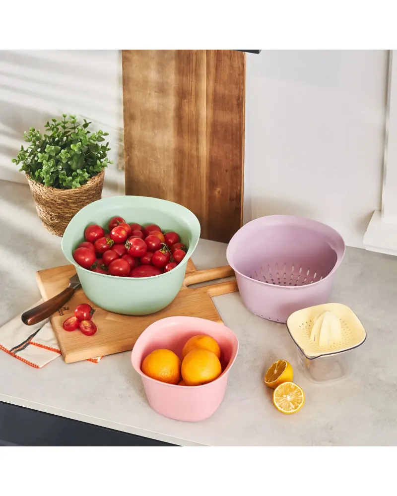 Karaca 4 Piece Multi Purpose Mixing Bowls, Colander and Citrus Squeezer Set, Multi