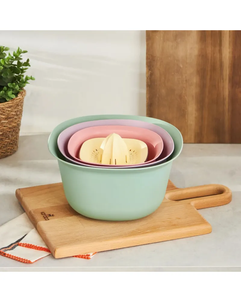 Karaca 4 Piece Multi Purpose Mixing Bowls, Colander and Citrus Squeezer Set, Multi
