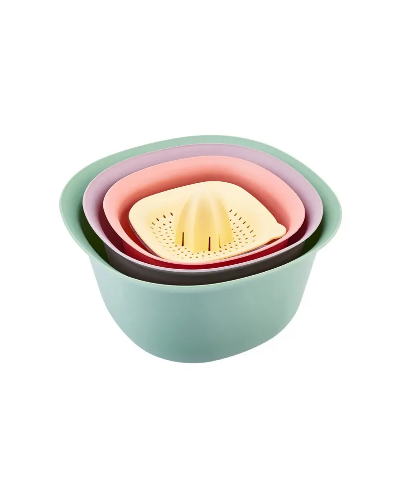 Karaca 4 Piece Multi Purpose Mixing Bowls, Colander and Citrus Squeezer Set, Multi