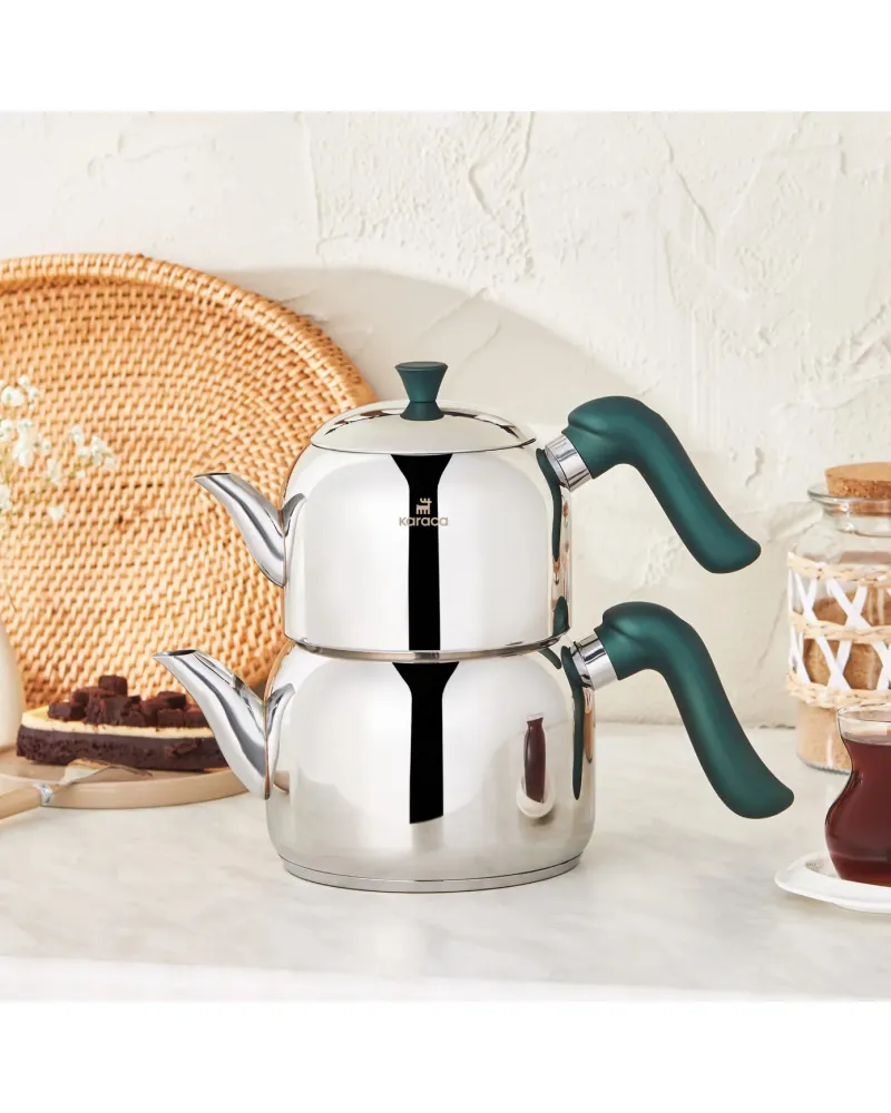 Karaca Edana Stainless Steel Induction Teapot Set, Medium, Green Silver