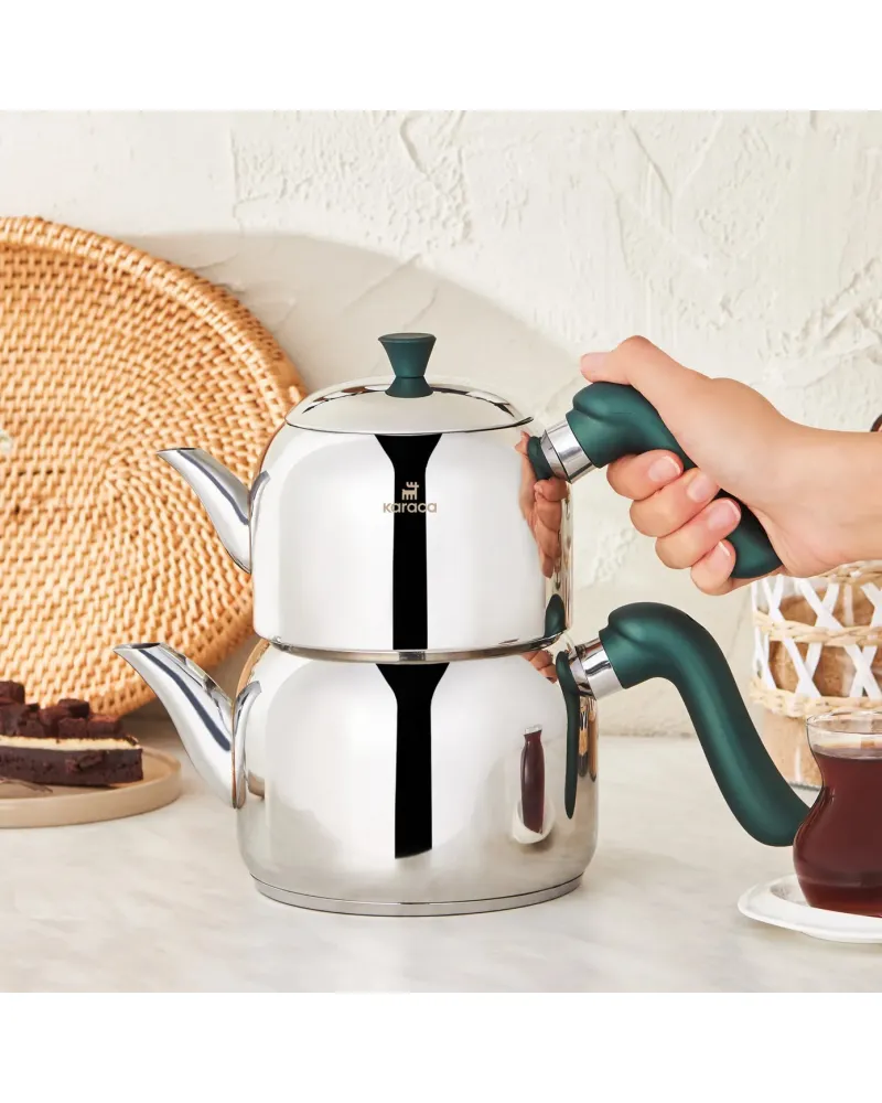 Karaca Edana Stainless Steel Induction Teapot Set, Medium, Green Silver