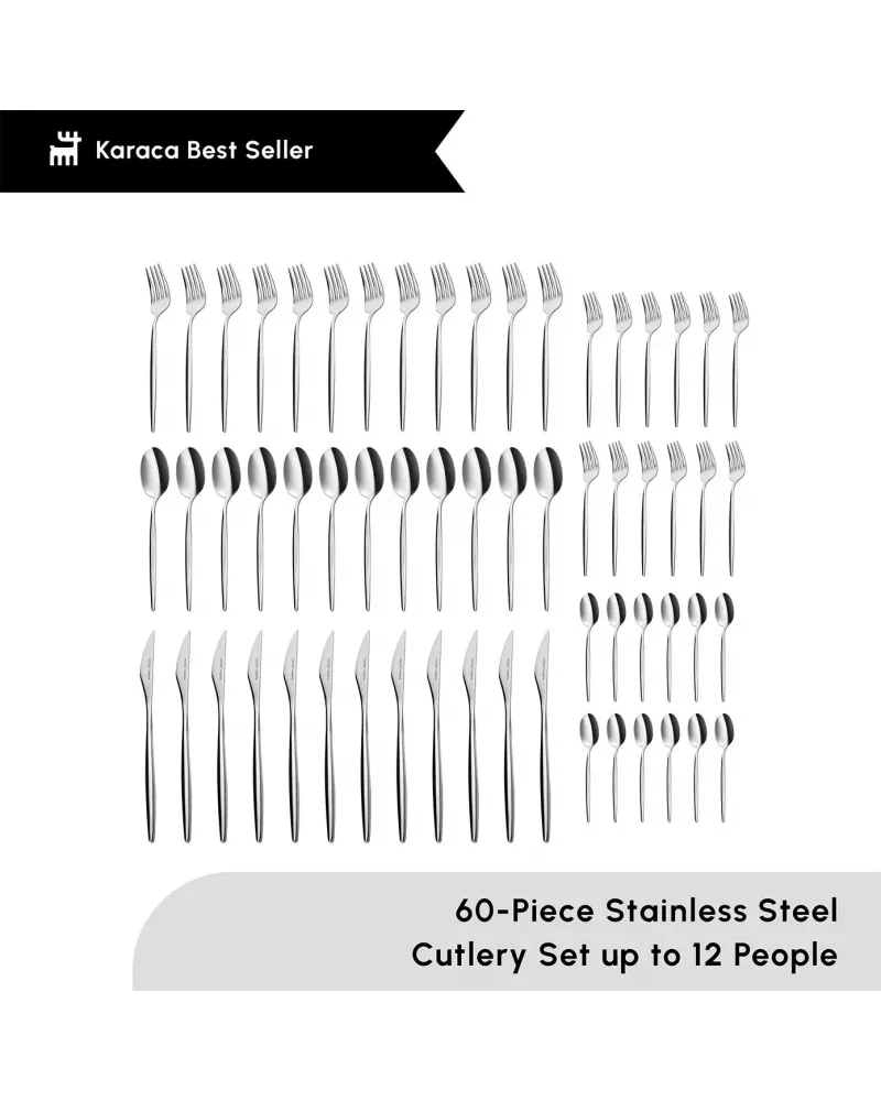 Karaca Lizbon 60-Piece Stainless Steel Cutlery Set for 12 People, Platinum