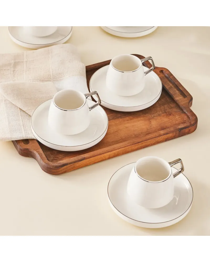 Karaca Streamline 12-Piece Porcelain Espresso Turkish Coffee Cup Set for 6 People, 100ml, White Silver