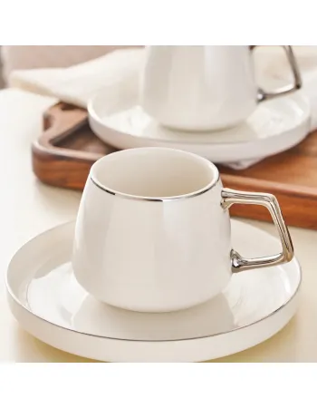Karaca Streamline 12-Piece Porcelain Espresso Turkish Coffee Cup Set for 6 People, 100ml, White Silver
