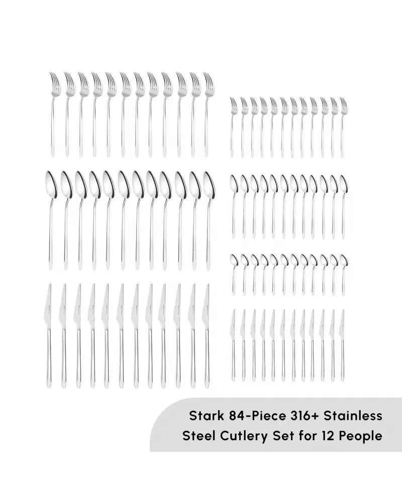 Karaca Stark 84-Piece 316+ Stainless Steel Cutlery Set for 12 People, Silver