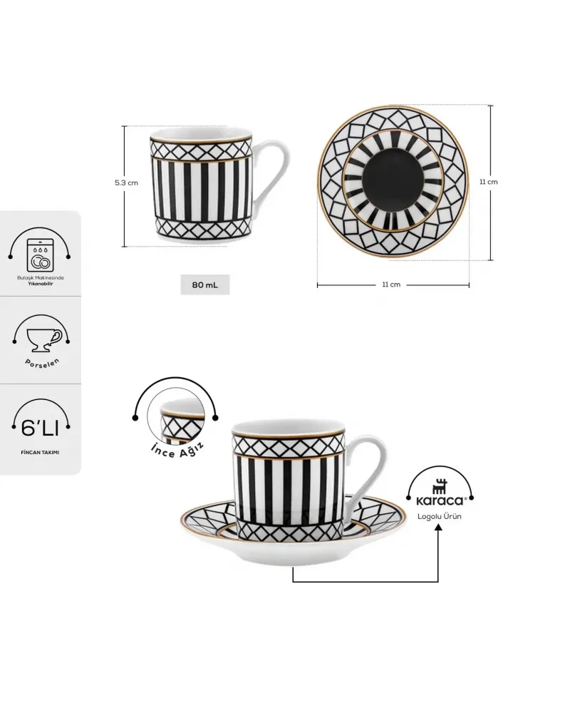 Karaca Helenistik 12-Piece Porcelain Espresso Turkish Coffee Cup Set for 6 People, 80ml, Black