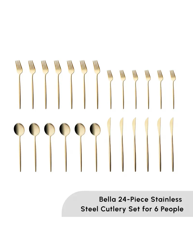Karaca Bella 24-Piece Cutlery Set for 6 People, Shiny Gold