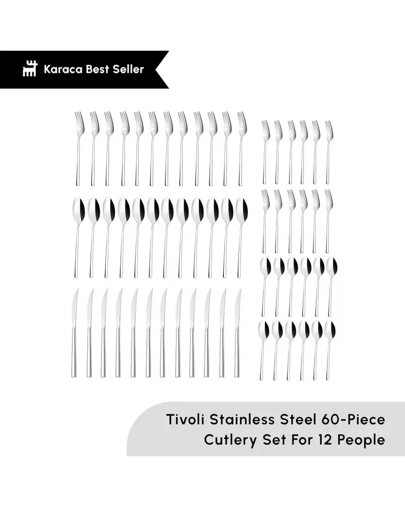 Karaca Tivoli 60-Piece Stainless Steel Cutlery Set for 12 People, Silver