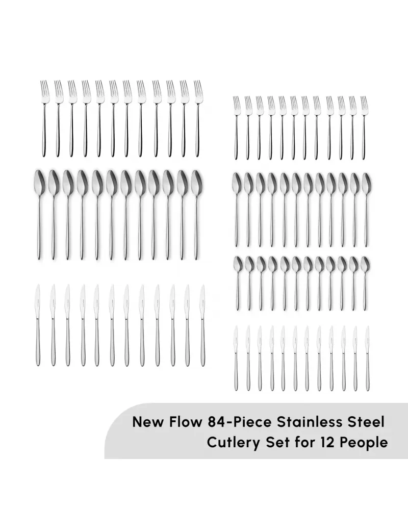 Karaca New Flow 84-Piece Stainless Steel Cutlery Set for 12 People, Silver