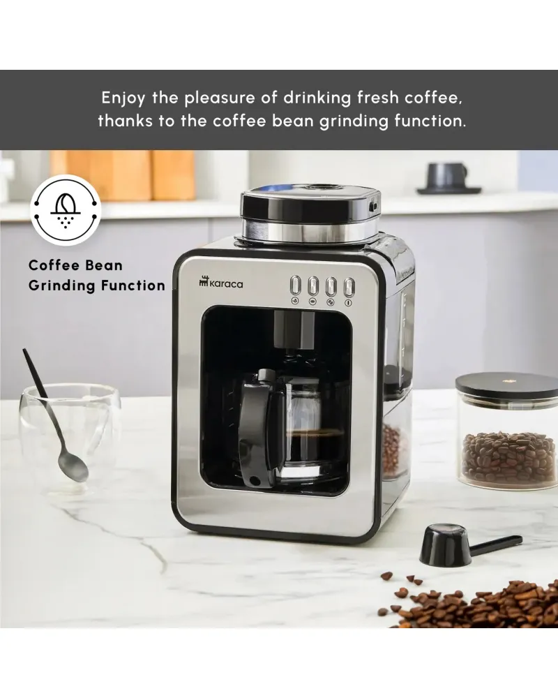 Karaca Grindmaestro Filter Coffee Maker with Built-in Grinder, 0,5L, 600W, Inox