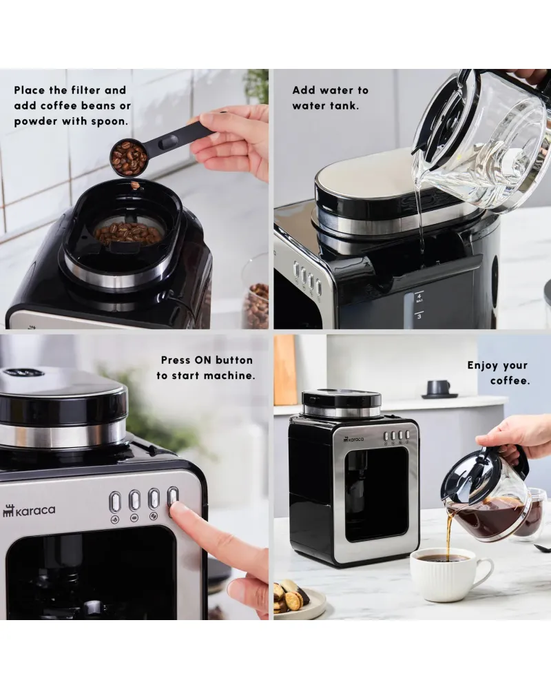 Karaca Grindmaestro Filter Coffee Maker with Built-in Grinder, 0,5L, 600W, Inox