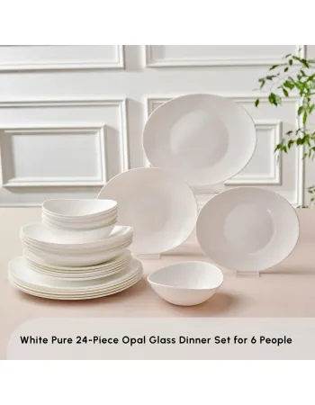 Karaca White Pure 24-Piece Opal Glass Dinner Set for 6 People, White Karaca White Pure 24-Piece Opal Glass Dinner Set for 6 People, White