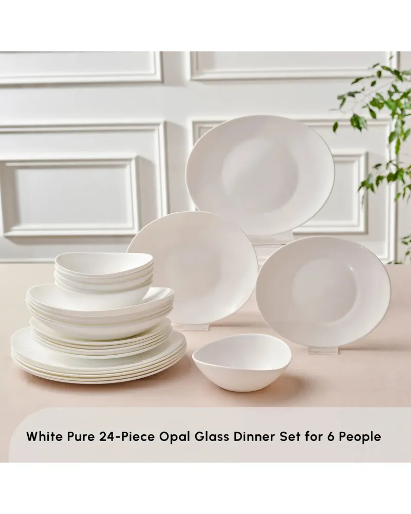 Karaca White Pure 24-Piece Opal Glass Dinner Set for 6 People, White Karaca White Pure 24-Piece Opal Glass Dinner Set for 6 People, White
