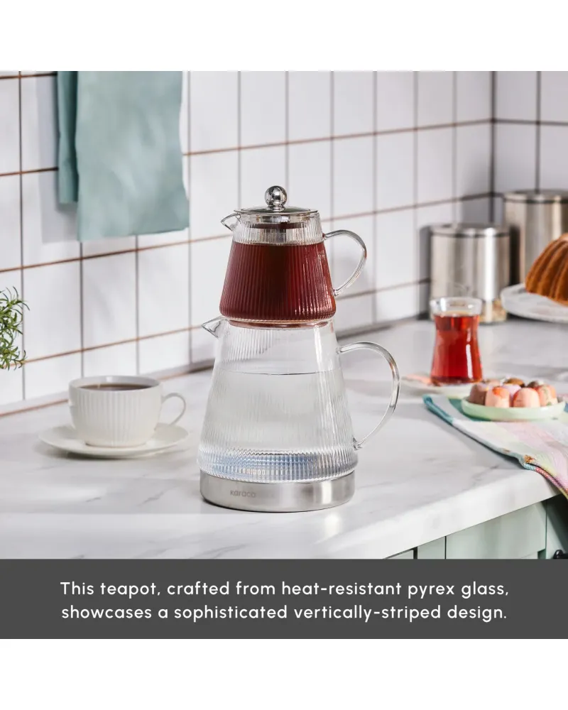 Karaca Keops Borosilicate Glass Teapot Set, Silver