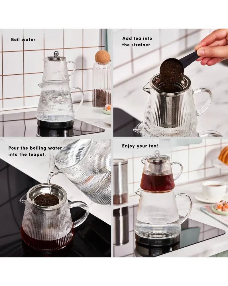Karaca Keops Borosilicate Glass Teapot Set, Silver