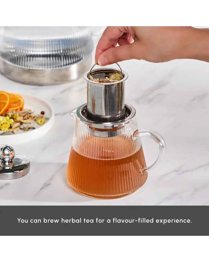 Karaca Keops Borosilicate Glass Teapot Set, Silver