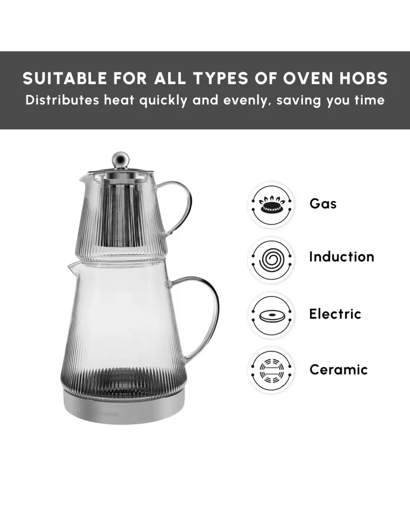 Karaca Keops Borosilicate Glass Teapot Set, Silver