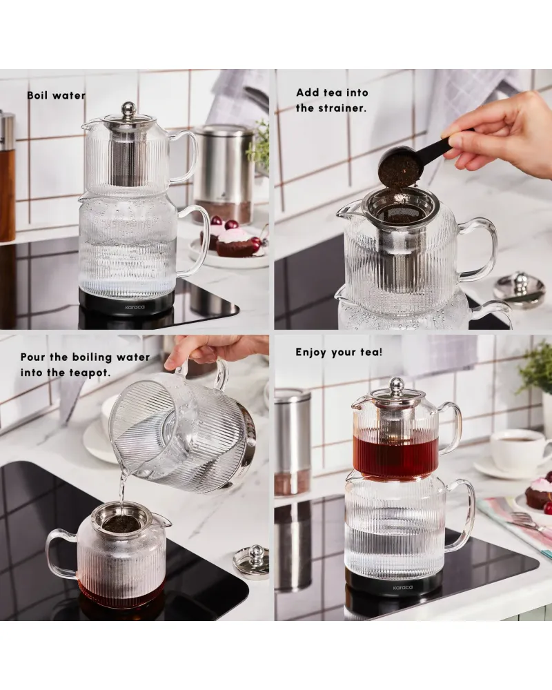 Karaca Kelly Borosilicate Glass Induction Teapot Set, Medium, Silver