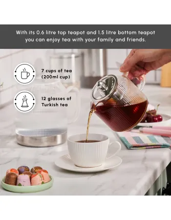 Karaca Kelly Borosilicate Glass Induction Teapot Set, Medium, Silver