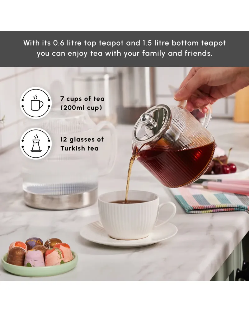 Karaca Kelly Borosilicate Glass Induction Teapot Set, Medium, Silver